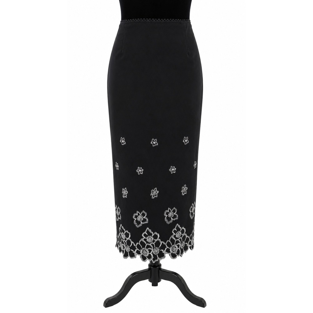 Barbara Lesser Fibers Womens Straight Maxi Skirt Size 8 Black Embroidered Floral